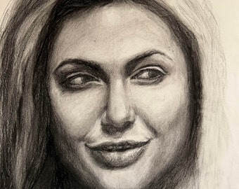 Young Anjelina Jolie portrait, charcoal on paper, female portrait, woman's face, charcoal drawing