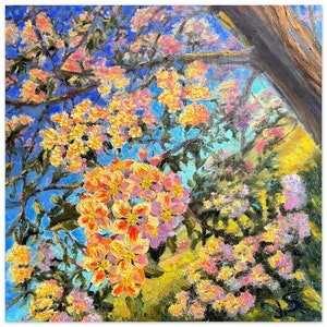 Poster di carta: Fiori di melo. Fiori, tre durante la tarda primavera. Melo in fiore. Colori vivaci, impressionismo. Umore allegro e felice.