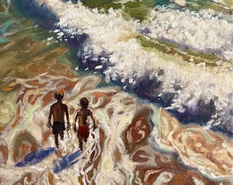 Boys on the Beach Oil Painting: Summer Seascape Canvas Art (12x10)