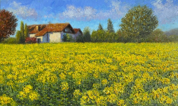 Canola Field Oil Painting: Impressionist Summer Landscape (20x12")