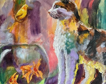 Philosophische Katze. Trendy Original Ölgemälde in lila und gelben Farbtönen. Semi-abstrakt. Katzenkunst. Katze, Fisch, Vogel. Katzenportrait.