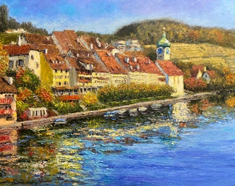 Swiss Village Oil Painting, Eglisau Impasto Art, Summer Landscape 20x28"