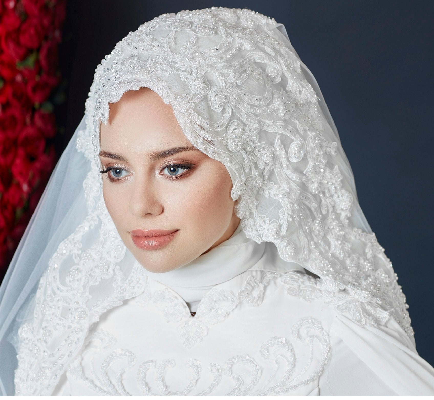 Wedding Hijab Veil Beaded Hijab Veilembroidered Hijab Veil Etsy