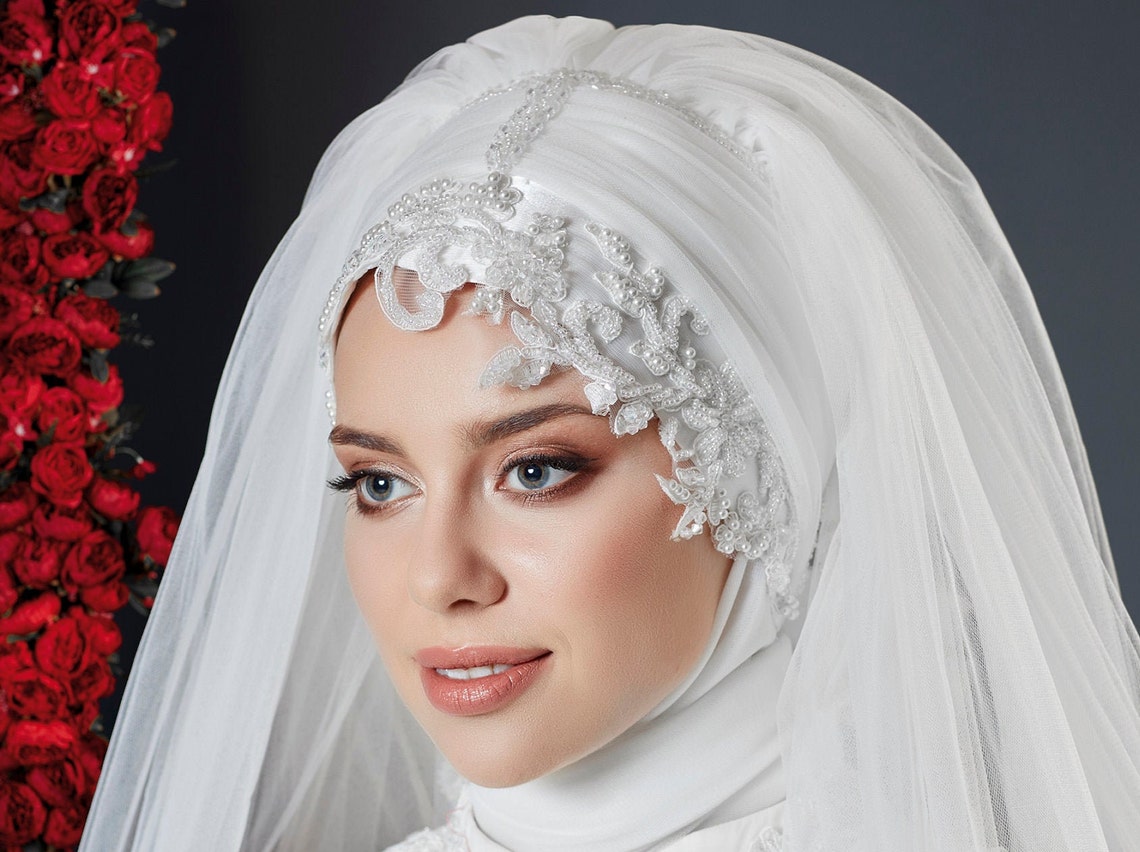 Crystal Embroidered Bridal Hijab Veil Pearl Embroidered Hijab Etsy
