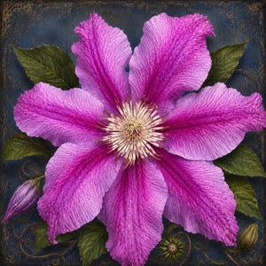 May include: A vibrant magenta clematis flower with six large, textured petals and a prominent, pale yellow stamen center. The bloom is surrounded by dark green leaves, a closed purple bud, and a small seed head against a dark blue background.