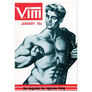May include: Vintage magazine cover for "Vim" featuring a muscular man. The cover has a red and white color scheme with the text "Vim" at the top, "January 35c" below, and "the magazine for vigorous living" at the bottom.