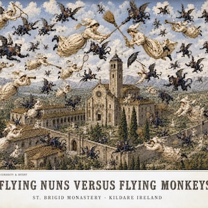 Whimsical Gothic Parody Print | Flying Nuns and Monkeys | Dark Humor Art