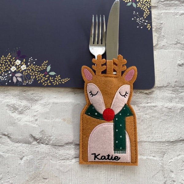 Cute personalised reindeer table decoration, name holder, table place settings, Christmas table dressing, cutlery holder, Childrens decor