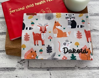 Fabric Baby NHS Red Book cover, Animal themed baby gift, Woodland baby, New mum present, Unisex baby present, Personalised Baby shower gift