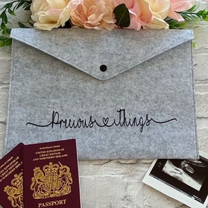 Personalised A4 document pouch, Grey felt storage folder, Practical home organisation, Luxury documents holder, personalised wedding gift