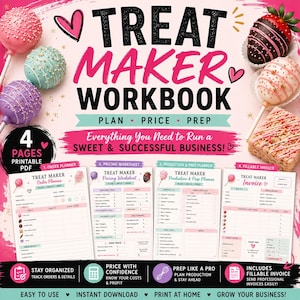 Könnte beinhalten: Ein digitales Arbeitsbuch mit dem Titel Treat Maker Workbook mit Abschnitten für Planung, Preisgestaltung und Vorbereitung. Es enthält vier druckbare PDF-Seiten: einen Bestellplaner, ein Preisblatt, einen Produktions- und Vorbereitungsplaner sowie eine ausfüllbare Rechnung.