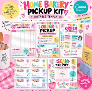 Może przedstawiać: Zestaw do odbioru wypieków domowych zawierający pięć edytowalnych szablonów z kolorową grafiką i tekstem, w tym Home Bakery Pickup Kit, Order Pickup, Your Order Is Ready, Baked Just For You oraz Scan To Pay na różowym tle.