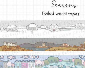 Fitas adesivas washi de 20 mm com ilustração de paisagem desenhada à mão, tema ESTAÇÕES do Ano, outono, inverno e primavera. Ideais para decoração de planners e diários sazonais.