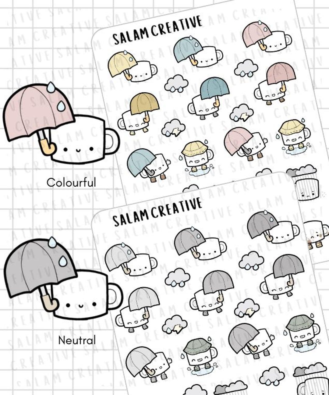 Rainy Day Sticker Sheet - Rain Planner Stickers, Coffe Cup Character ...
