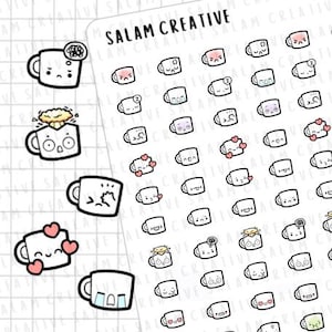 Hoja de pegatinas MINI FEELINGS: pequeñas y lindas pegatinas de personajes de taza, expresión estilo emoji (feliz, triste, enojado, amor, etc.) para planificadores y diarios