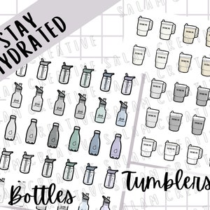 Foglio di adesivi STAY HYDRATED - 2 design - simpatici scarabocchi di bottiglie d'acqua e bicchieri per la tua agenda e il tuo diario