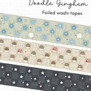 DOODLE GINGHAM washi tapes - 20mm foiled washis chequered muted mushrooms flowers stars doodles for your planner and journal