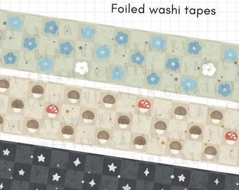 DOODLE GINGHAM Washi Tapes - 20 mm folierte Washis kariert Pilze Blumen Doodles für deinen Planer und Journal