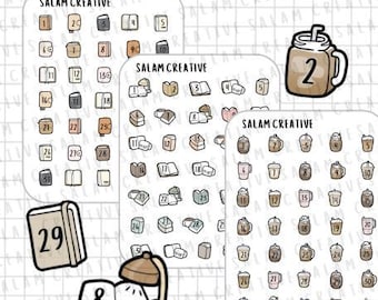 Hoja de pegatinas DATING DOODLES - 3 diseños de portadas de fechas, agendas pequeñas e iconos de bebidas de café para tu agenda y diario.