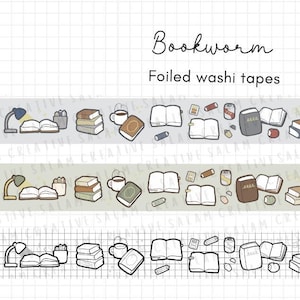 Washi-tape BOOKWORM verijdeld 20 mm - doodle ontwerp in 3 gedempte kleuren met een vleugje bling - ideaal voor je dagboeken en planner