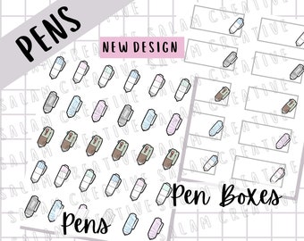 PENS and PEN BOXES Stickerbogen - beliebte Stifte in der Planer Community (clena und jetstream) kleine Doodles und Boxen in Hobo Cousin Größe