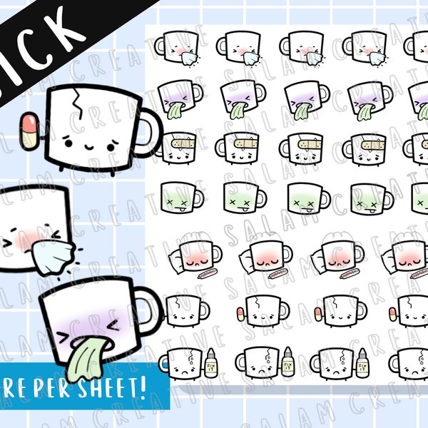 I'm NOT WELL! sick/ illness themes sticker sheet - sick mug character stickers for your planner, journal and hobonichi