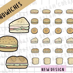Hojas de pegatinas de SANDWICH: pan, baguette, pan de hamburguesa, bagel, bocadillos para su agenda y diario