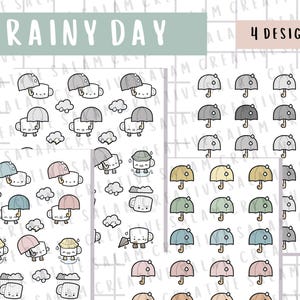 Feuille d'autocollants pour les jours de pluie/parapluie - autocollants de l'agenda de pluie, personnage de tasse à café, bullet journal sur le thème de la météo/autocollants déco hobonichi
