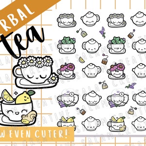 Folha de adesivos de chá de ervas - fofura com tema de chá para seu planejador, Hobonichi e bullet journal