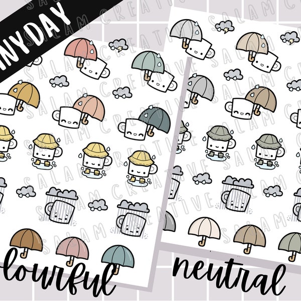 Rainy day sticker sheet - Autumn rain planner stickers, kawaii coffe cup character, fall themed bullet journal/hobonichi deco stickers