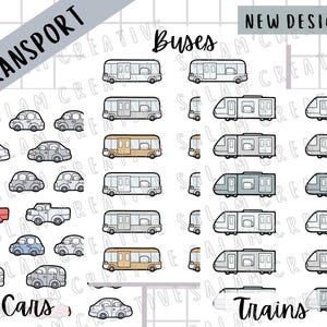 TRANSPORT Stickerbogen - Auto, Bus und Zug / Strassenbahn Aufkleber - Fahrzeug Reise Pendel Symbole. Niedliche Planer und Journal Aufkleber