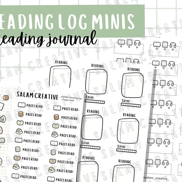 READING JOURNAL sticker sheets -reading/studying/content consumption trackers- matching washi strips and mini headers-reading log bujo