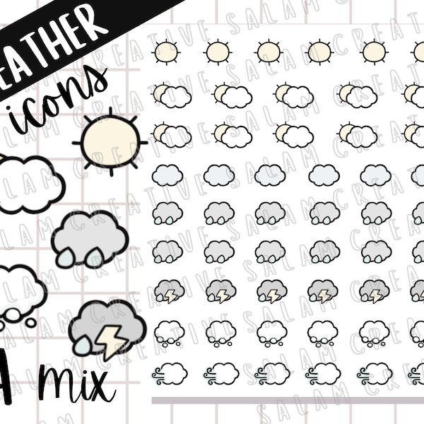 WEATHER ICONS sheet -tiny weather stickers- 4 designs: sunny,cloudy,rainy and mixed - weather tracking for planner and journals