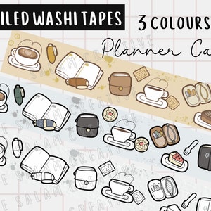 Washi tape PLANNER CAFE foiled 20mm- doodle design in 3 muted colourways with a touch of bling -  ideal for your journals and planner