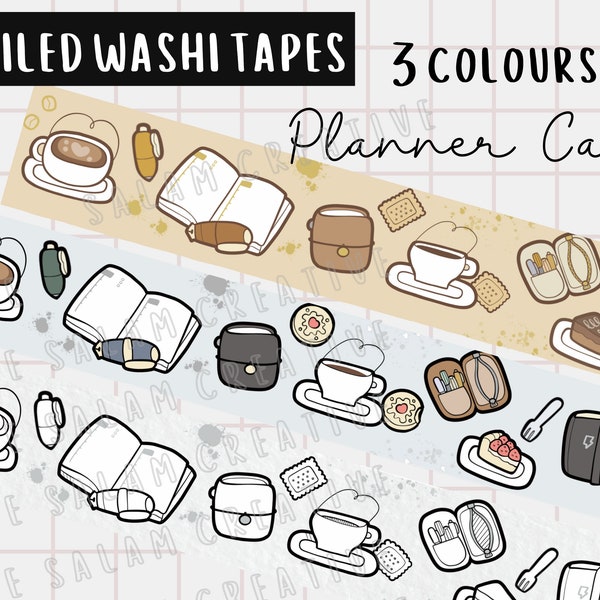 Washi tape PLANNER CAFE foiled 20mm- doodle design in 3 muted colourways with a touch of bling -  ideal for your journals and planner