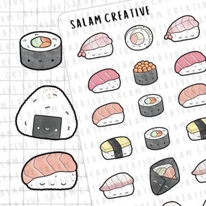 Feuille d'autocollants SUSHI - nigiri, onigiri, maki, temaki Adorables autocollants de cuisine japonaise pour tenir un journal et planifier