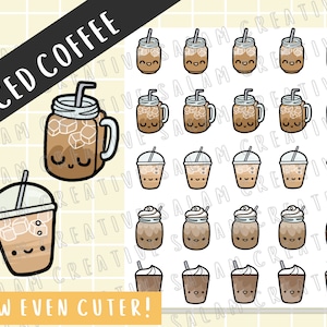 Foglio di adesivi a tema caffè freddo - adesivi per planner a tema caffè estivo - simpatici personaggi - ideali per Hobonichi, Bullet Journal e molto altro!