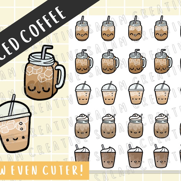 Iced coffee sticker sheet - summer coffee themed planner stickers - cute characters - ideal for hobonichi, bullet journal and more!