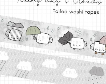 RAINY DAY Washi Tapes 20 mm Silberfolie Wetter Regen Herbst Winter Regenschirm Wolken Muster Dekoband für deinen Planer und Journal