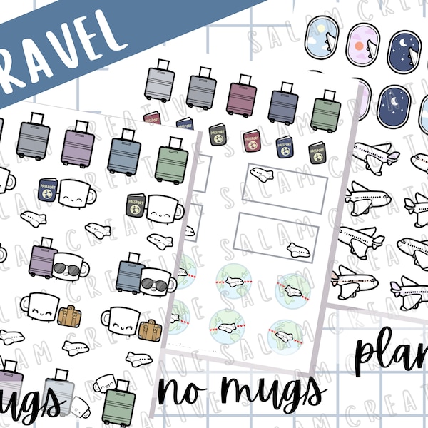 TRAVEL themed sticker sheets - 3 DESIGNS! - mug characters, suitcases, backpacks, airplanes - cute stickers for your planner, journal etc.