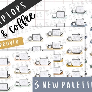 Foglio di adesivi per computer portatili e caffè - 3 nuove palette - adesivi a tema scrivania da lavoro al computer per il tuo planner, hobonichi e bullet journal