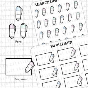 Folha de adesivos PENS e PEN BOXES - canetas populares na comunidade de planejadores (clena e jetstream), pequenos rabiscos e caixas do tamanho de primos hobo