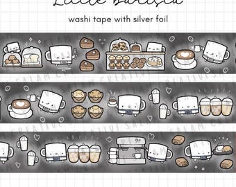 LITTLE BARISTA Washi Tape 20 mm folierte niedliche Tasse Charakter Café Kaffee Bäckerei Doodle-Dekor für deinen Planer und Journal