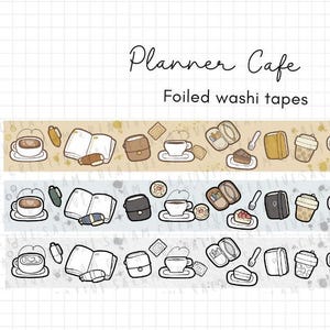 和紙テープ PLANNER CAFE 箔押し 20 mm - 3 種類の落ち着いたカラーウェイにキラキラのタッチを加えた落書きデザイン - 日記やプランナーに最適です