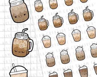 Stickervel ICED COFFEE - plannerstickers koffie / latte thema leuke voedselstickers voor tijdschriften