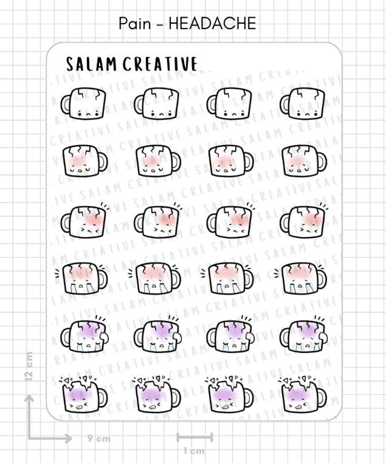 PAIN Sticker Sheet - Headache, Migraine, Cramps, Tummy Ache Illness ...