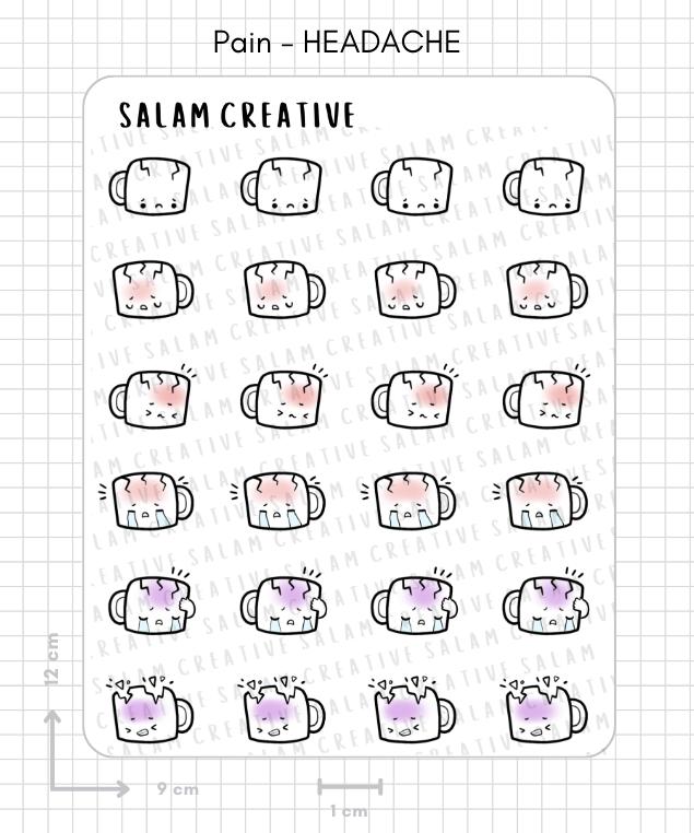 PAIN Sticker Sheet - Headache, Migraine, Cramps, Tummy Ache Illness ...