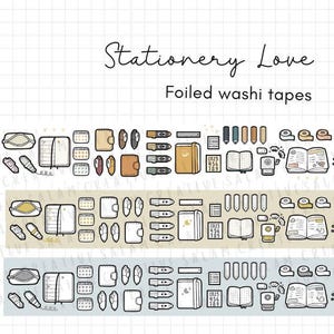 和紙テープ STATIONERY LOVE 箔押し 20 mm - 3 種類の落ち着いたカラーウェイにキラキラのタッチを加えた落書きデザイン - 日記やプランナーに最適