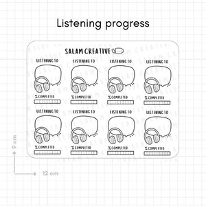Hoja de pegatinas para registrar el progreso de escucha: pegatinas para auriculares, audiolibros, podcasts y contenido multimedia para tu agenda y diario. imagen 2