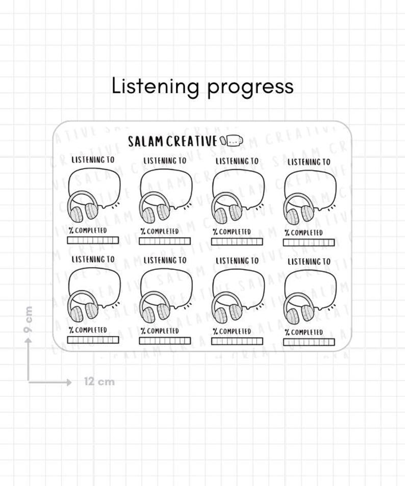Hoja de pegatinas para registrar el progreso de escucha: pegatinas para auriculares, audiolibros, podcasts y contenido multimedia para tu agenda y diario. imagen 2